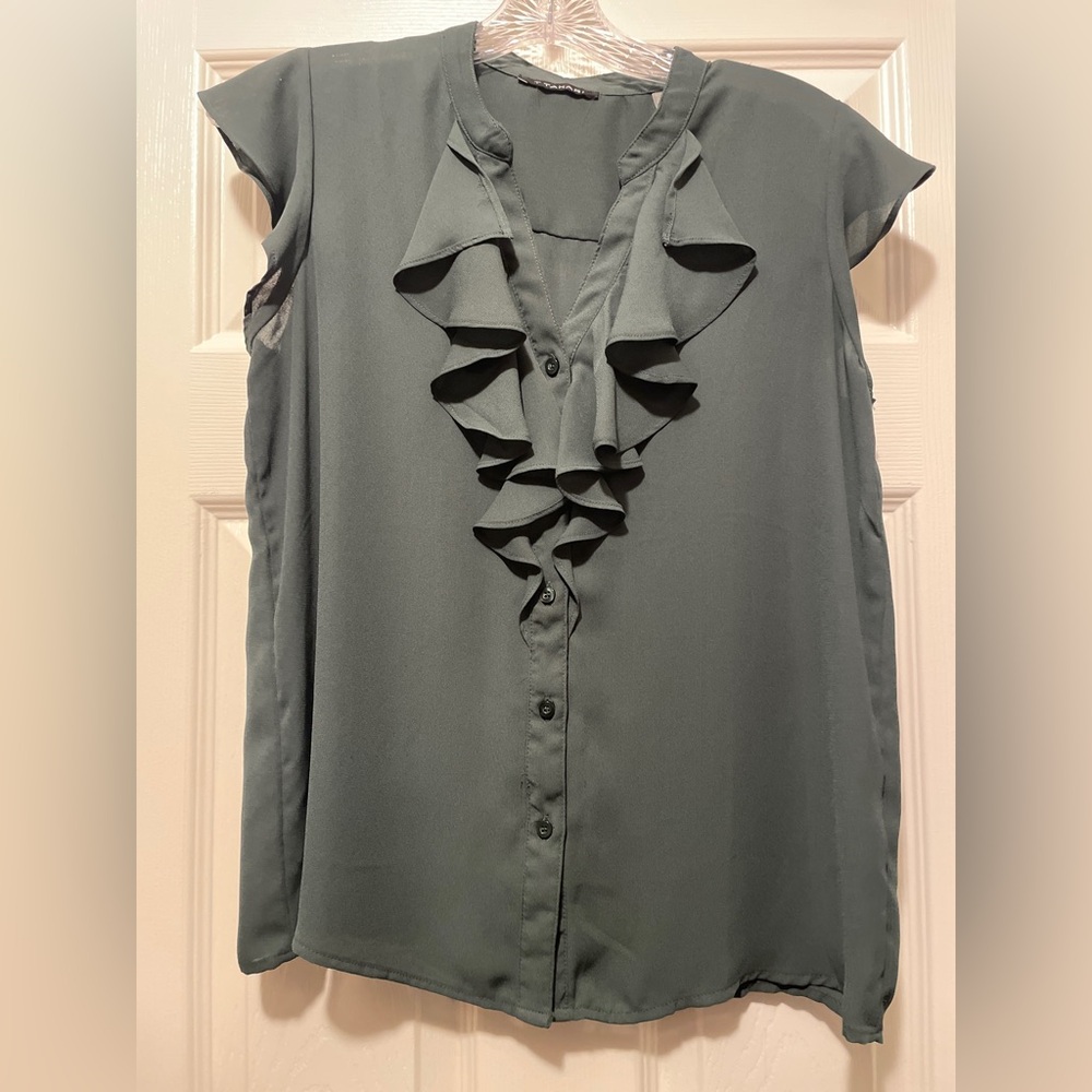 T Tahari Olive Green Ruffle Blouse
